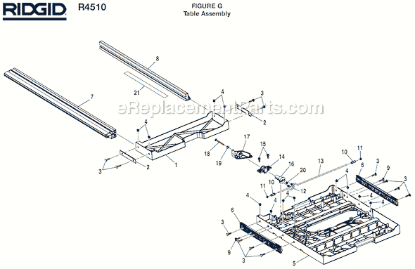 Page G Diagram and Parts List for R4510  Ridgid Table Saw