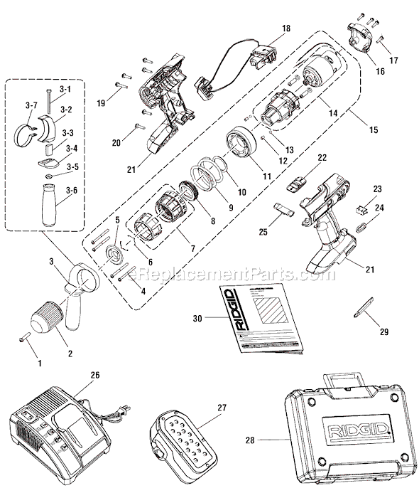 Page A Diagram and Parts List for R84001 after G0344 Ridgid Cordless Drill