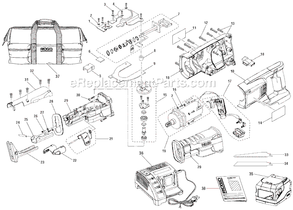 Page A Diagram and Parts List for R854  Ridgid Reciprocating Saw
