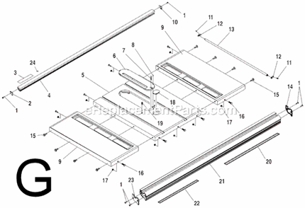 Page G Diagram and Parts List for TS3660  Ridgid Table Saw