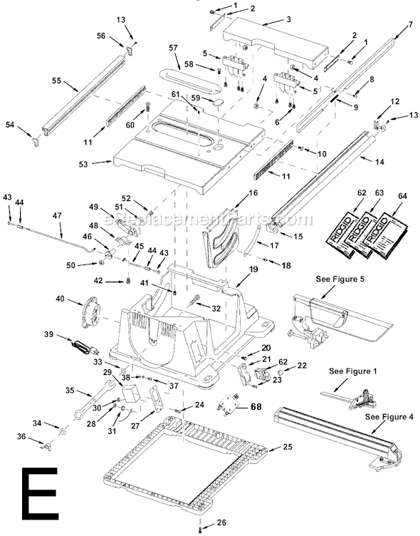 Page E Diagram and Parts List for TS24000  Ridgid Table Saw