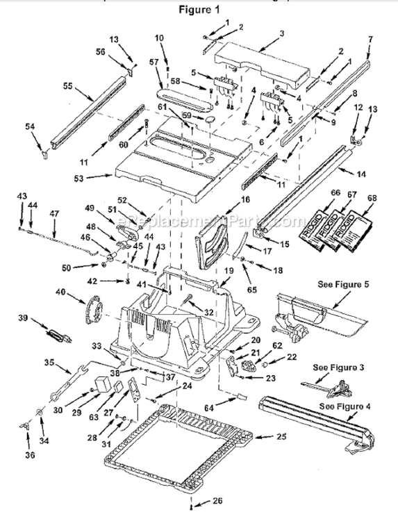 Figure No 1 Diagram and Parts List for TS24001  Ridgid Table Saw