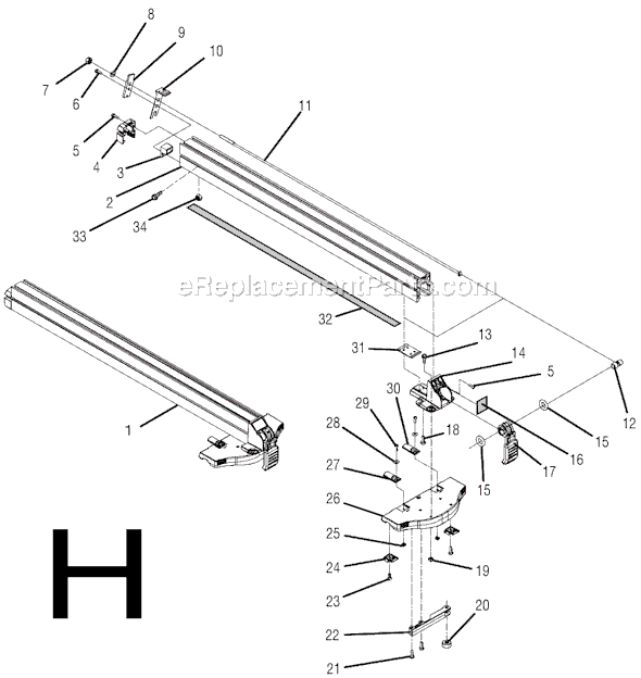 Page H Diagram and Parts List for TS3650  Ridgid Table Saw