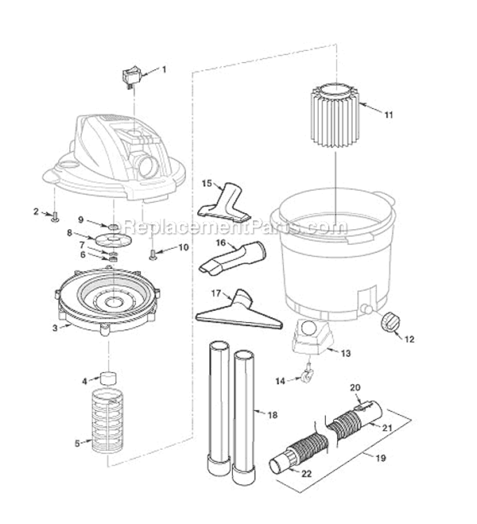 General Assembly Diagram and Parts List for WD12500  Ridgid Utility Vacuum