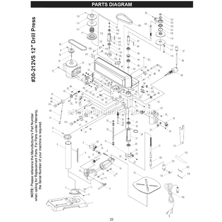 Page A Diagram and Parts List for 30-212VS  Rikon Drill Press