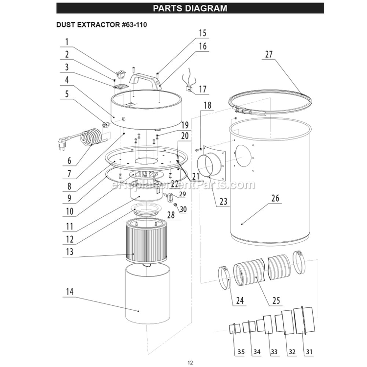 Page A Diagram and Parts List for 63-110  Rikon Dust Collector
