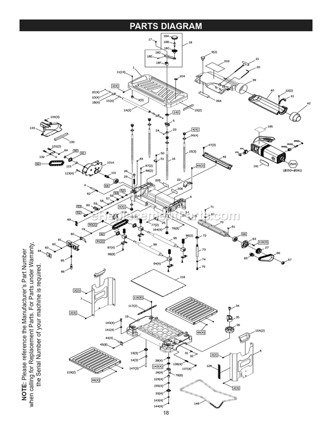 Parts Diagram Diagram and Parts List for 25-135H  Rikon Planer Jointer