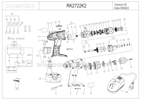 Page A Diagram and Parts List for RK2722K2  Rockwell Cordless Drill