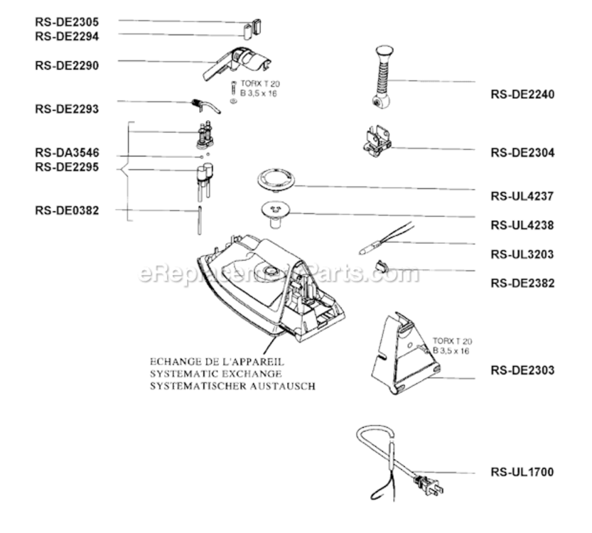 Page A Diagram and Parts List for DE05  Rowenta Iron