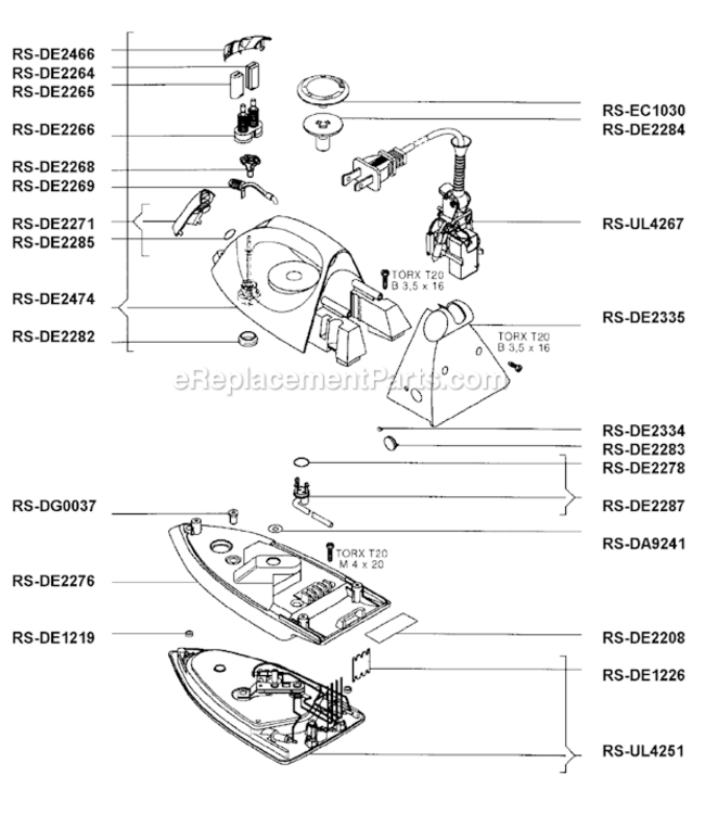 Page A Diagram and Parts List for DE308B  Rowenta Iron