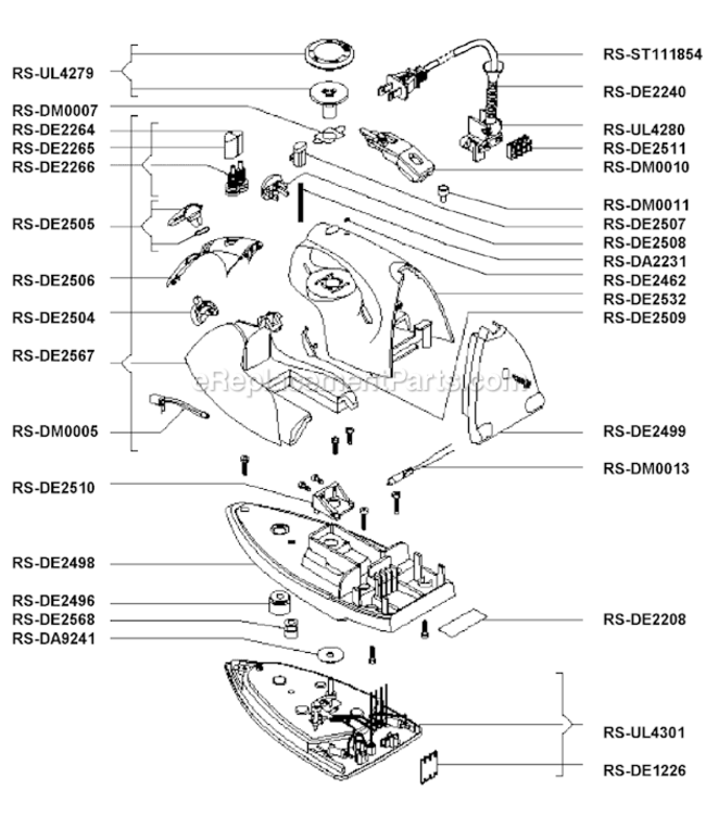Page A Diagram and Parts List for DE493A  Rowenta Iron