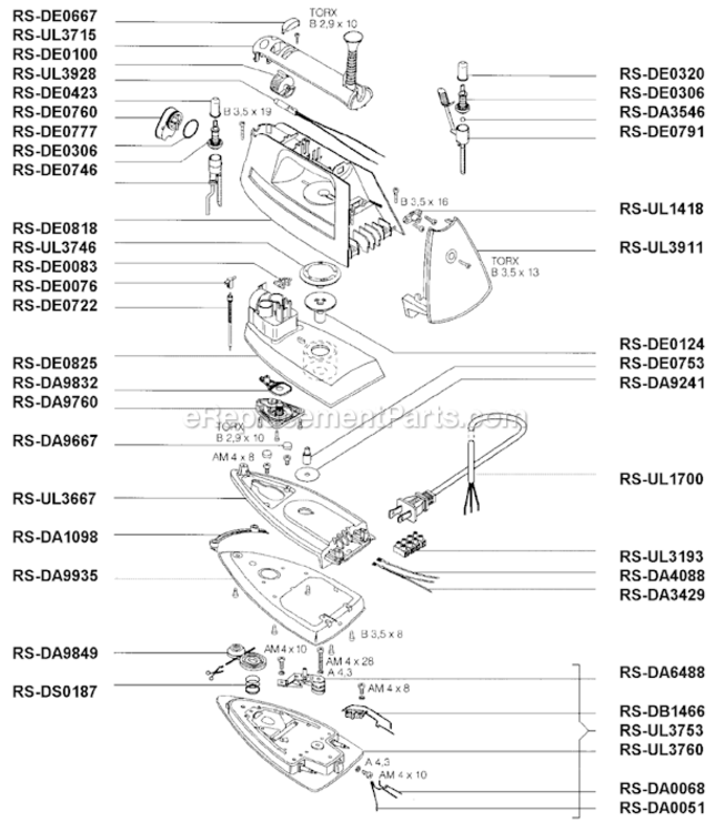 Page A Diagram and Parts List for DE821  Rowenta Iron