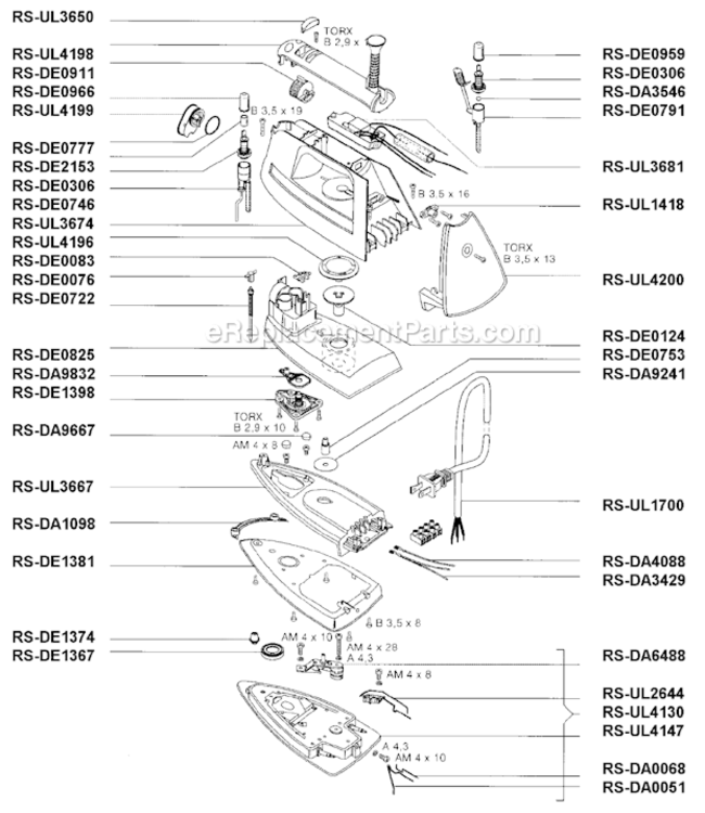 Page A Diagram and Parts List for DE884A  Rowenta Iron