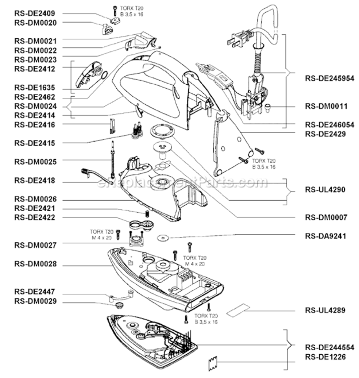 Page A Diagram and Parts List for DM990E  Rowenta Iron