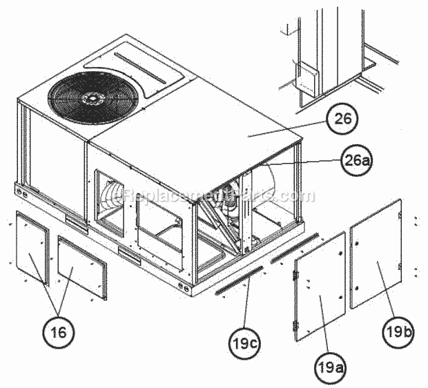 End Panel View (Hinged Panels) Diagram and Parts List for RLQN-C060DV000  Ruud Air Conditioner