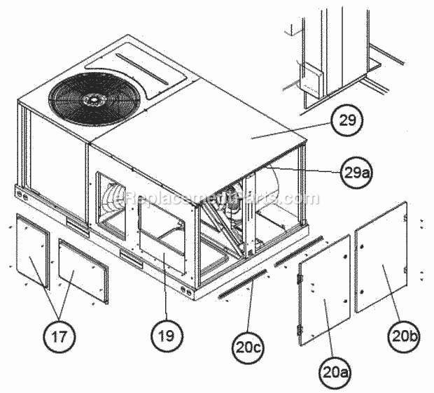 End Panel View (Hinged Doors) Diagram and Parts List for RKQN-C036CL08EBFA  Ruud Heater