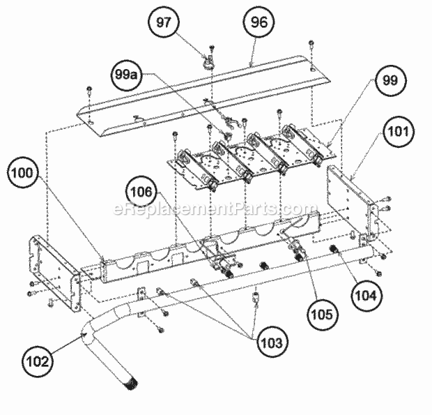 One Piece Burner Assembly Diagram and Parts List for RKQN-A060DV13EBFA  Ruud Heater
