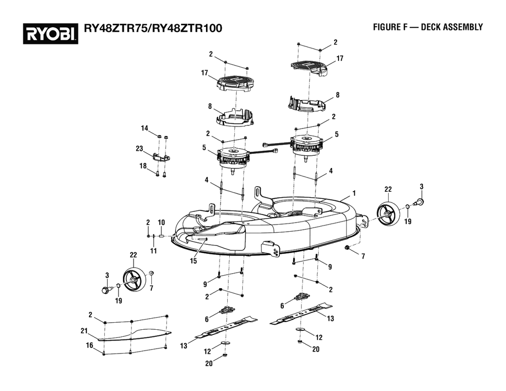 Figure F - Deck Assembly Diagram and Parts List for RY 48ZTR75 (Rev 03)(099749015)(2021-04) Ryobi Lawn Tractor