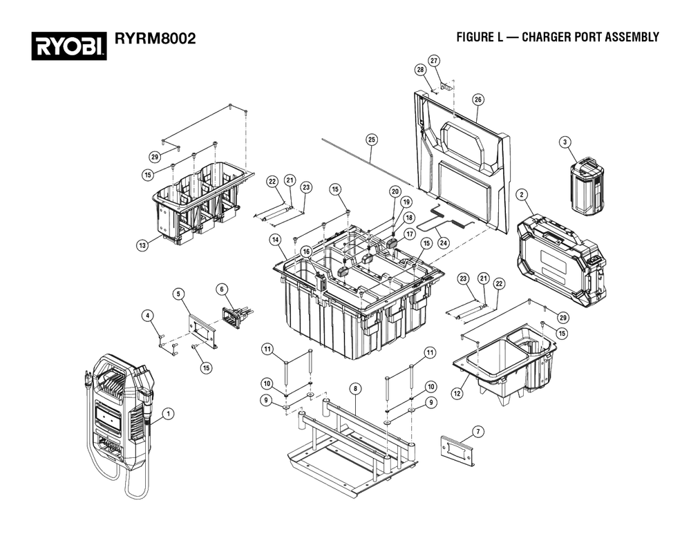 Figure L - Charger Port Assembly Diagram and Parts List for RY RM8002 (Rev 01)(099262002)(2022-08) Ryobi Lawn Tractor