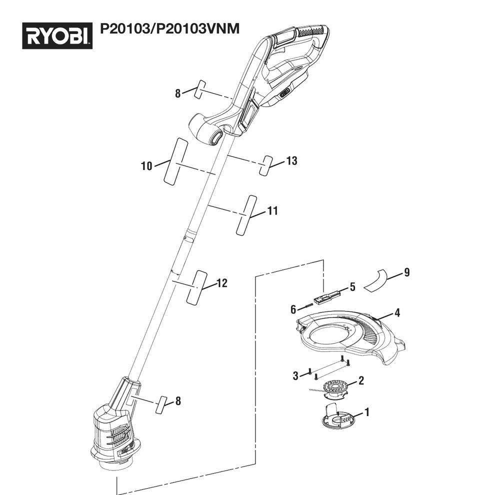 General Assembly Diagram and Parts List for P 20103 VNM (Rev 06)(107890101)(2021-10) Ryobi Trimmer