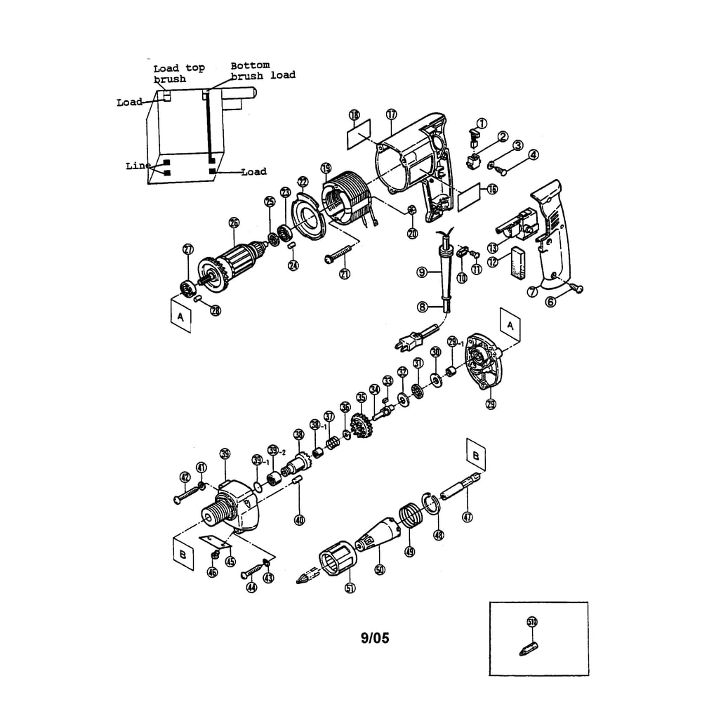 Screw Driver Diagram and Parts List for E-3900  Ryobi Screwdriver