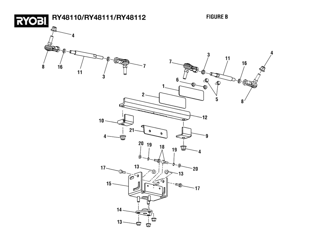 Figure B - Steering Rack Assembly Diagram and Parts List for RY 48110 (Rev 05)(099749001)(2021-05) Ryobi Lawn Tractor
