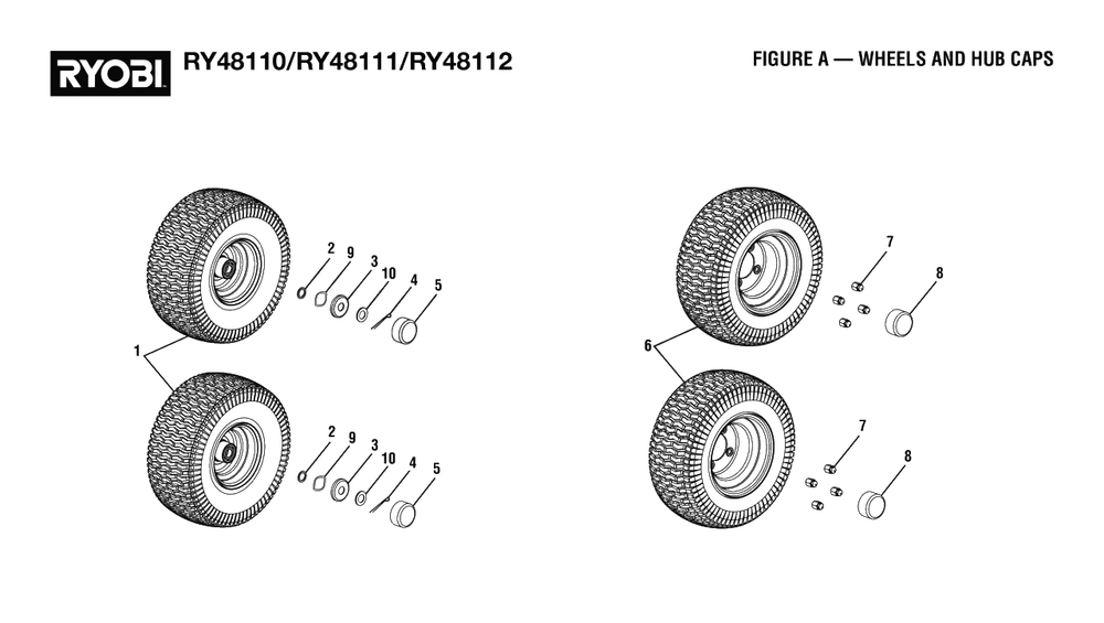 Figure A - Wheels And Hub Caps Diagram and Parts List for RY 48111 (Rev 02)(099749010)(2021-05) Ryobi Lawn Tractor