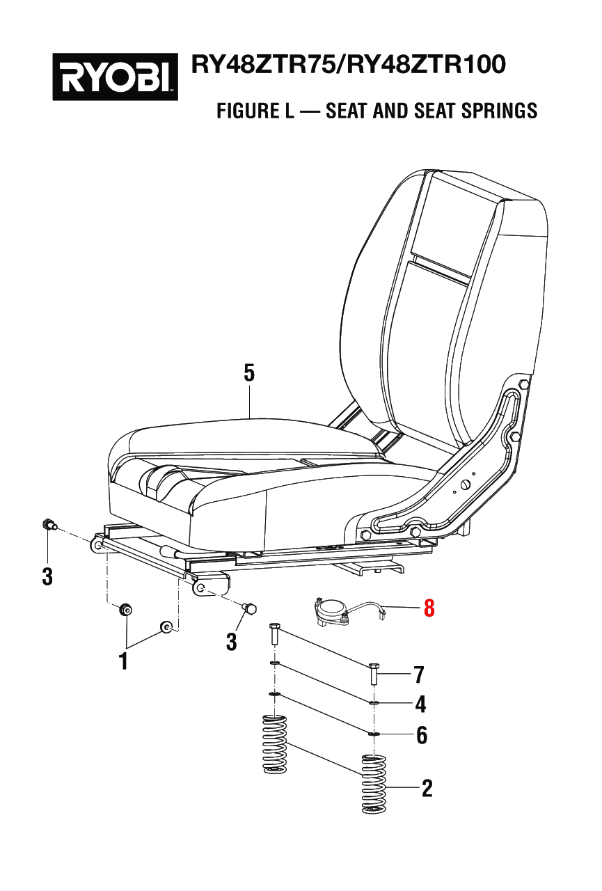 Figure L - Seat And Seat Springs Diagram and Parts List for RY 48ZTR75 (Rev 03)(099749015)(2021-04) Ryobi Lawn Tractor