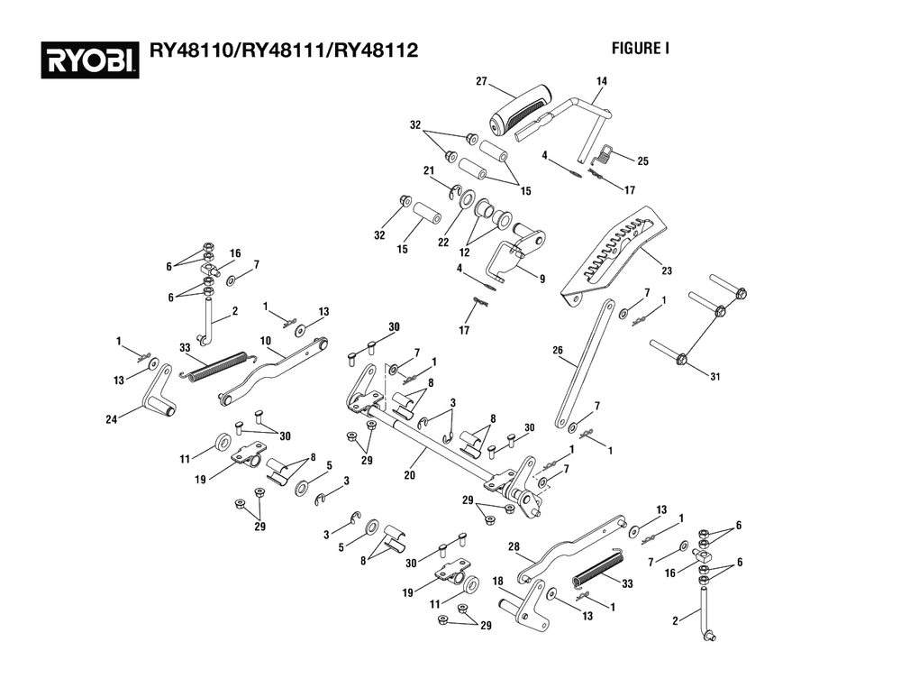 Figure I - Deck Lifting Assembly Diagram and Parts List for RY 48110 (Rev 05)(099749001)(2021-05) Ryobi Lawn Tractor