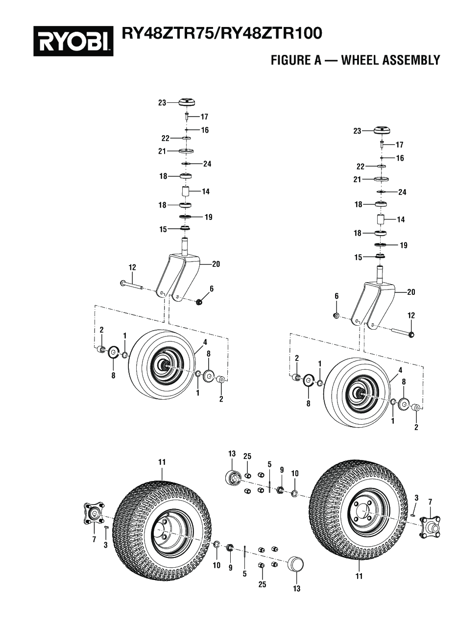 Figure A - Wheel Assembly Diagram and Parts List for RY 48ZTR75 (Rev 03)(099749015)(2021-04) Ryobi Lawn Tractor