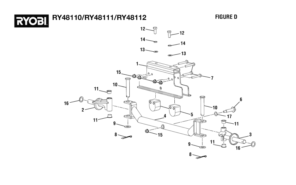 Figure D - Front Axle Assembly Diagram and Parts List for RY 48110 (Rev 05)(099749001)(2021-05) Ryobi Lawn Tractor