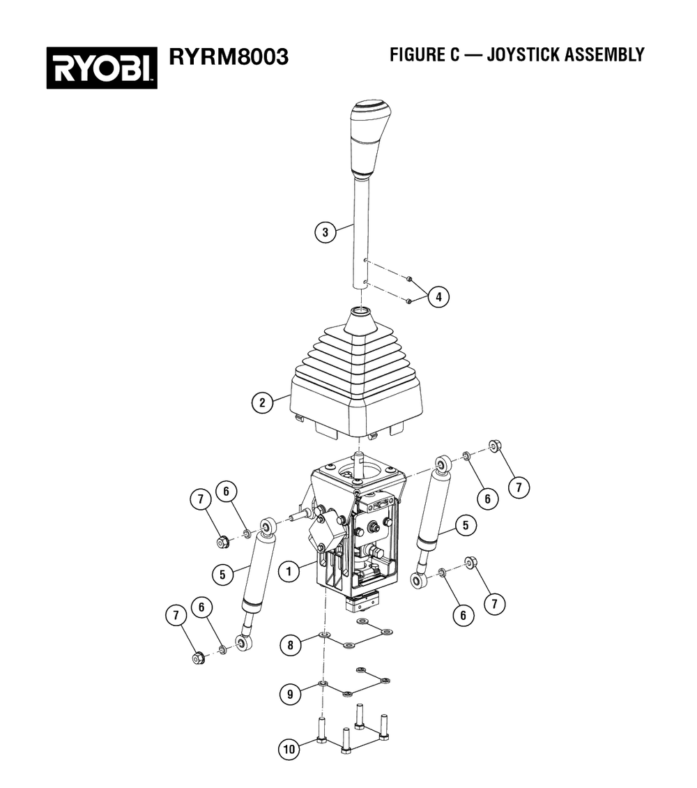 Figure C - Joystick Assembly Diagram and Parts List for RY RM8003 (Rev 01)(099263002)(2022-08) Ryobi Lawn Tractor