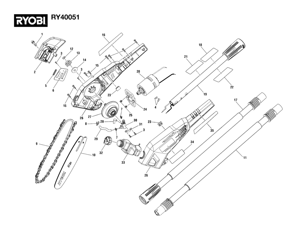 General Assembly Diagram and Parts List for RY 40051 (Rev 02)(311069006)(2020-09) Ryobi Trimmer