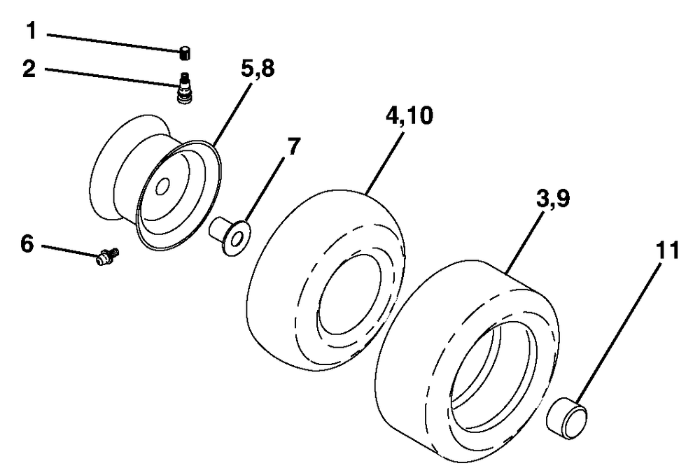 Wheels And Tires Diagram and Parts List for HDK 19H42 (960160004-01)(2005) Ryobi Lawn Tractor