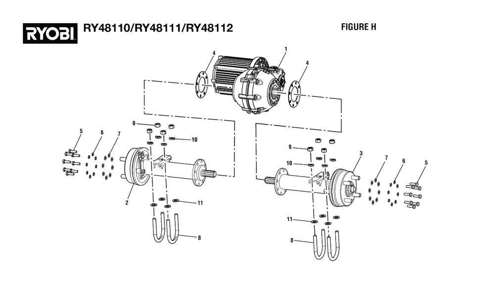Figure H - Drive Train Assembly Diagram and Parts List for RY 48110 (Rev 05)(099749001)(2021-05) Ryobi Lawn Tractor
