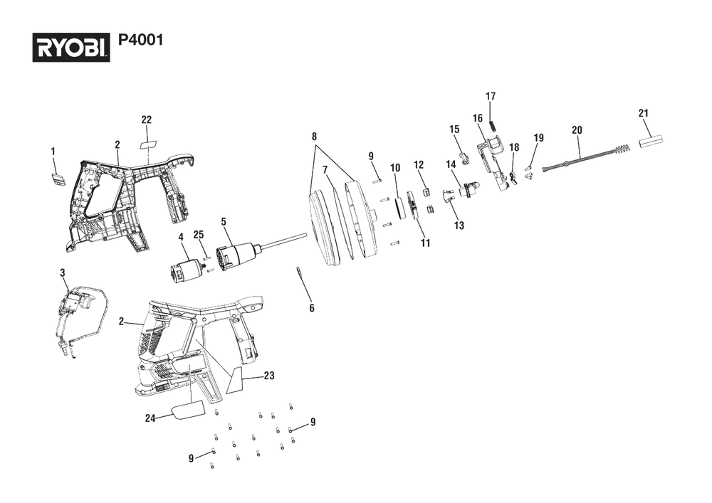 General Assembly Diagram and Parts List for P 4001 (Rev 03)(2022-02) Ryobi Auger