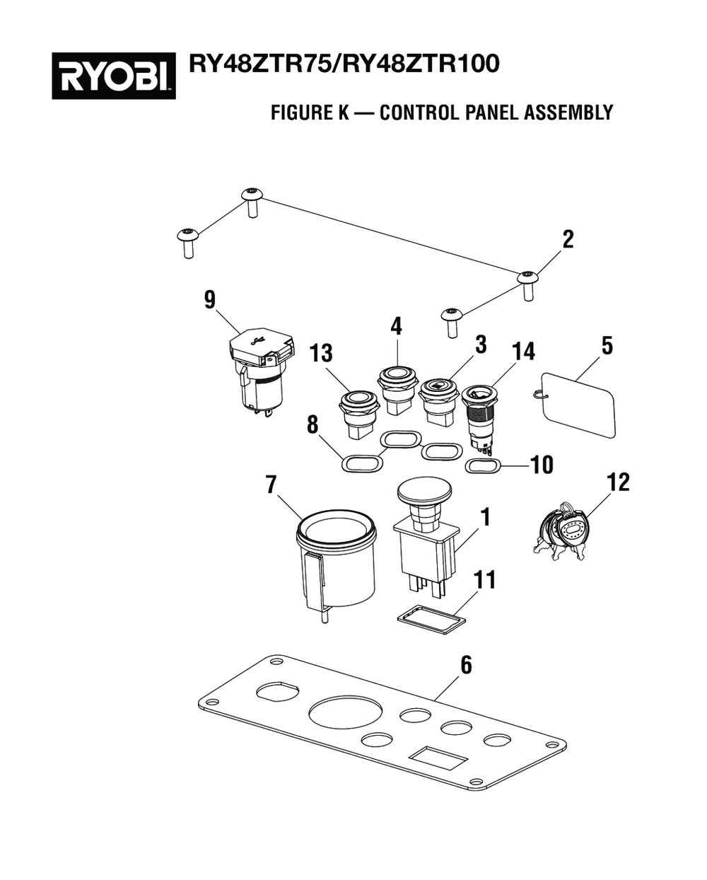 Figure K - Control Panel Assembly Diagram and Parts List for RY 48ZTR75 (Rev 03)(099749015)(2021-04) Ryobi Lawn Tractor