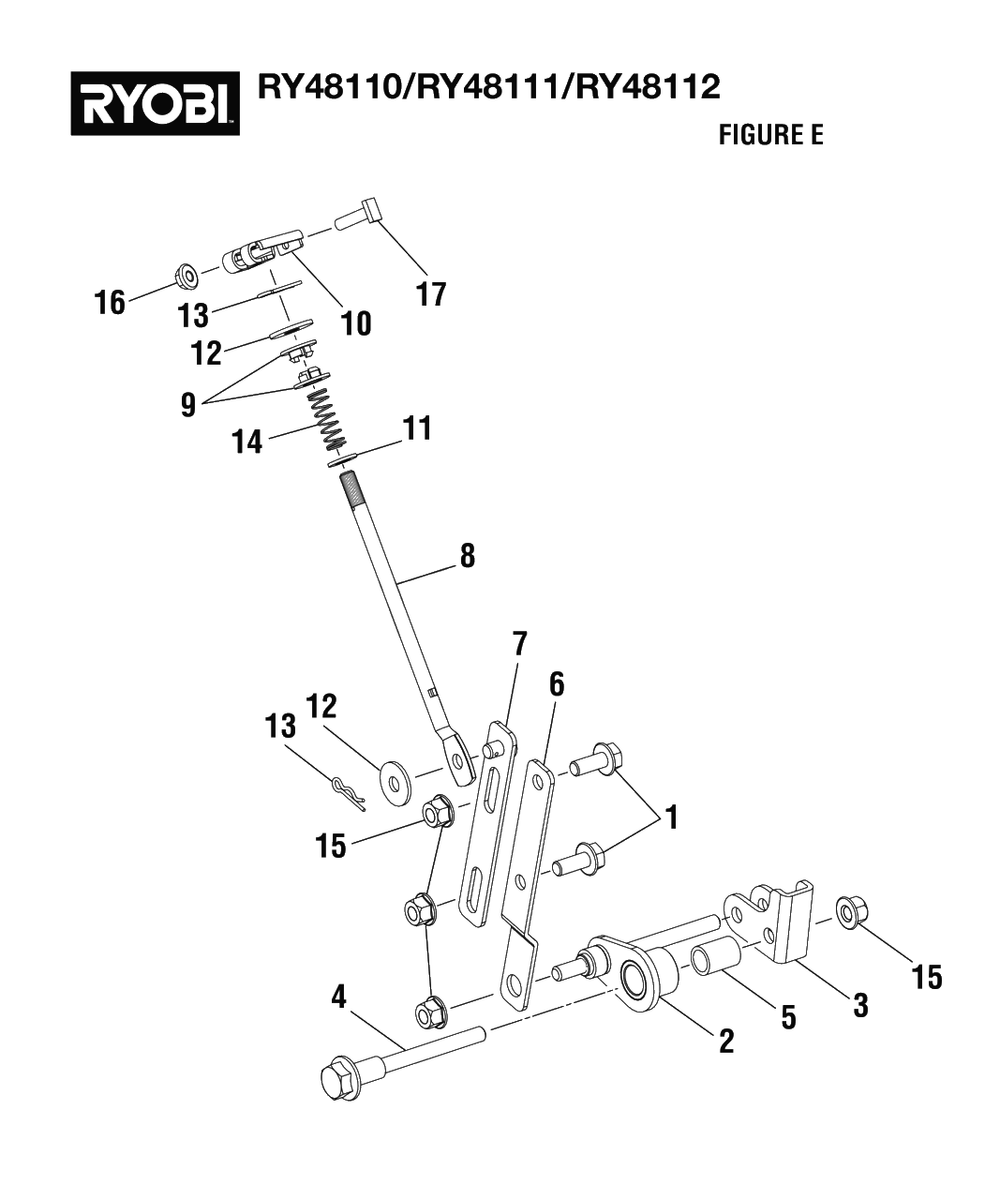 Figure E - Parking Brake Assembly Diagram and Parts List for RY 48110 (Rev 05)(099749001)(2021-05) Ryobi Lawn Tractor