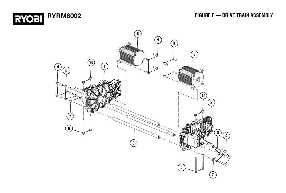 Figure F - Drive Train Assembly Diagram and Parts List for RY RM8002 (Rev 01)(099262002)(2022-08) Ryobi Lawn Tractor