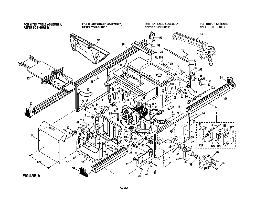 Motor/gearshaft/cabinet panel Diagram and Parts List for BT510  Ryobi Table Saw