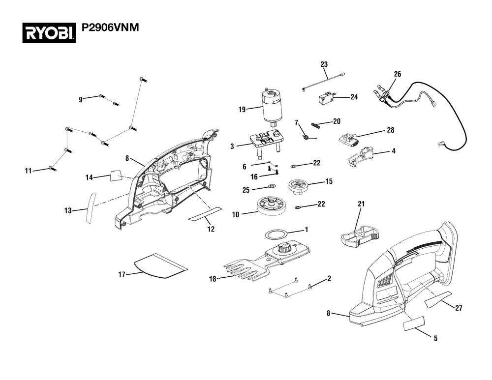 General Assembly Diagram and Parts List for P 2906 VNM (Rev 02)(108640001)(2022-02) Ryobi Hedge Trimmer