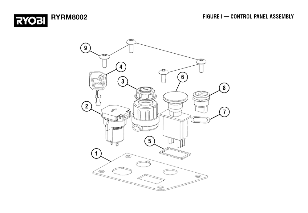 Figure I - Control Panel Assembly Diagram and Parts List for RY RM8002 (Rev 01)(099262002)(2022-08) Ryobi Lawn Tractor