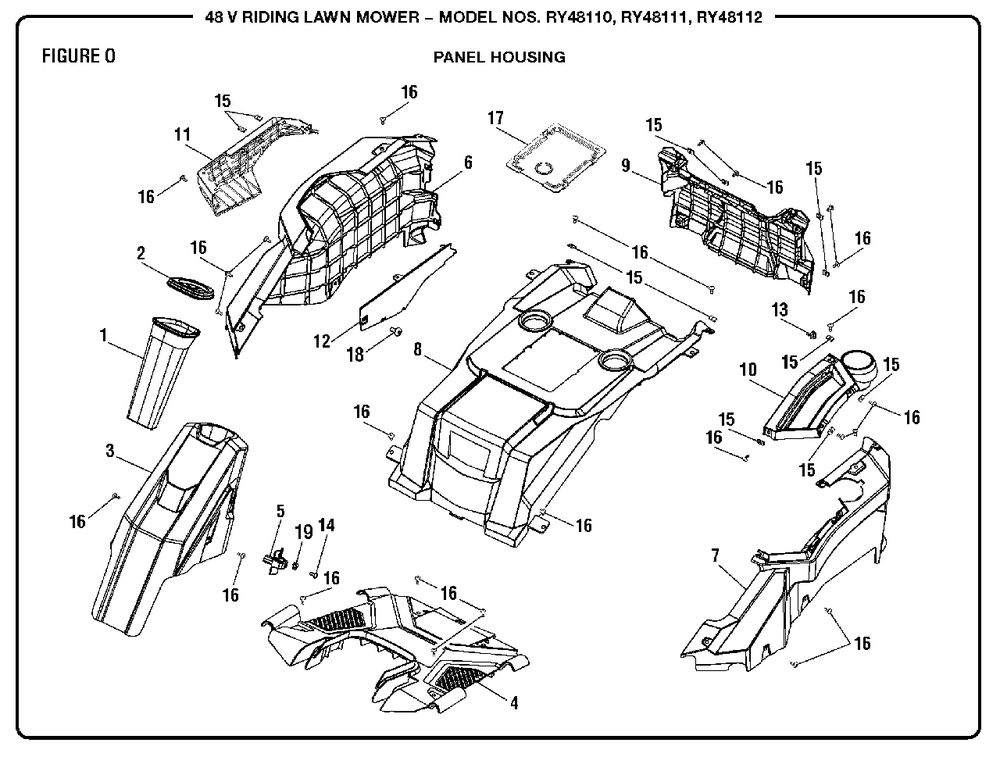 Figure O (Panel Housing) Diagram and Parts List for RY 48112 (Rev 01)(099749011)(2018-02) Ryobi Lawn Tractor