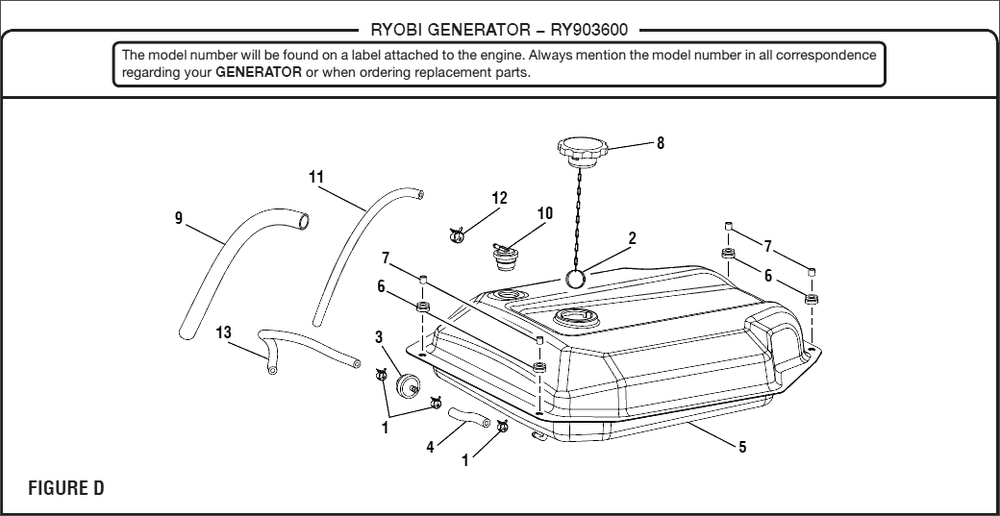 Figure D Diagram and Parts List for RY 903600 (Rev 12)(090930278)(2018-12) Ryobi Generator