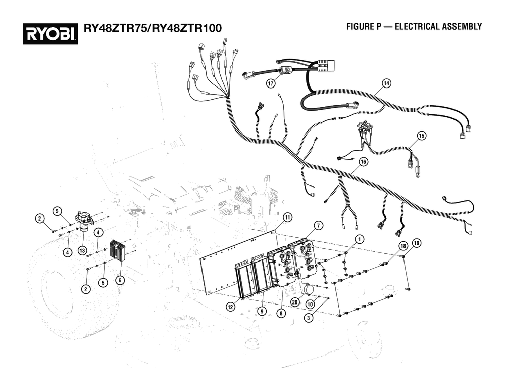 Figure P - Electrical Assembly Diagram and Parts List for RY 48ZTR75 (Rev 03)(099749015)(2021-04) Ryobi Lawn Tractor