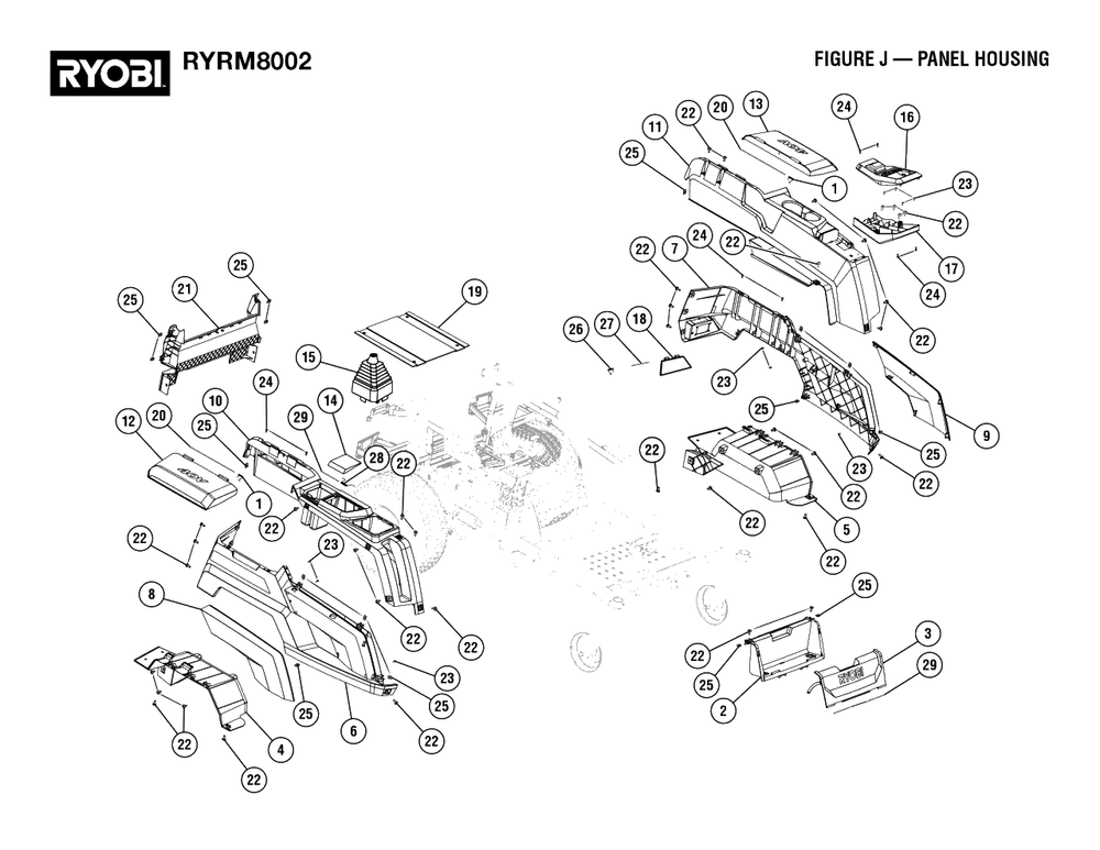 Figure J - Panel Housing Diagram and Parts List for RY RM8002 (Rev 01)(099262002)(2022-08) Ryobi Lawn Tractor