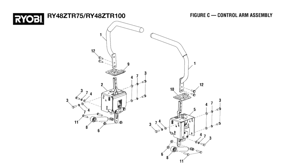 Figure C - Control Arm Assembly Diagram and Parts List for RY 48ZTR75 (Rev 03)(099749015)(2021-04) Ryobi Lawn Tractor