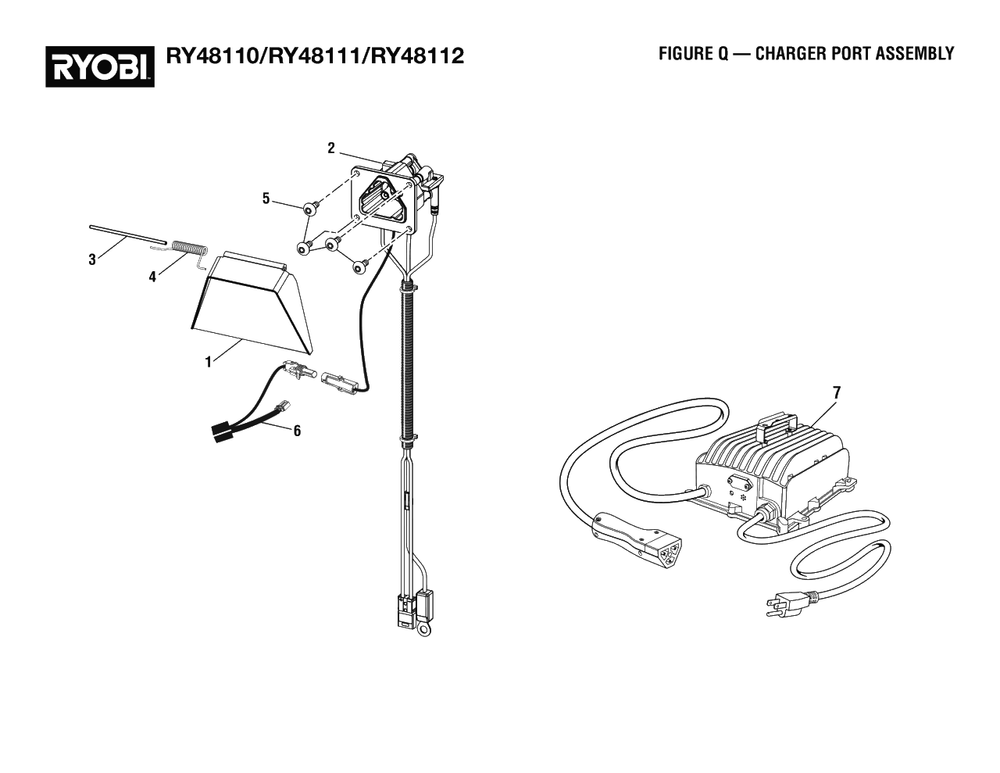 Figure Q - Charger Port Assembly Diagram and Parts List for RY 48111 (Rev 02)(099749010)(2021-05) Ryobi Lawn Tractor