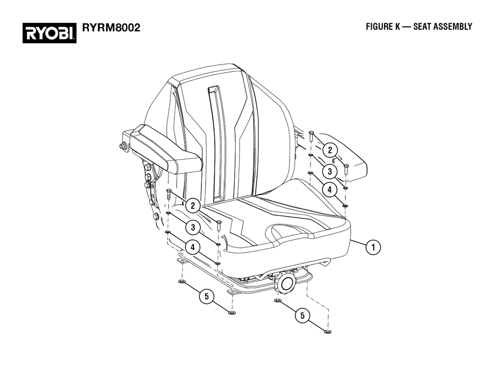 Figure K - Seat Assembly Diagram and Parts List for RY RM8002 (Rev 01)(099262002)(2022-08) Ryobi Lawn Tractor