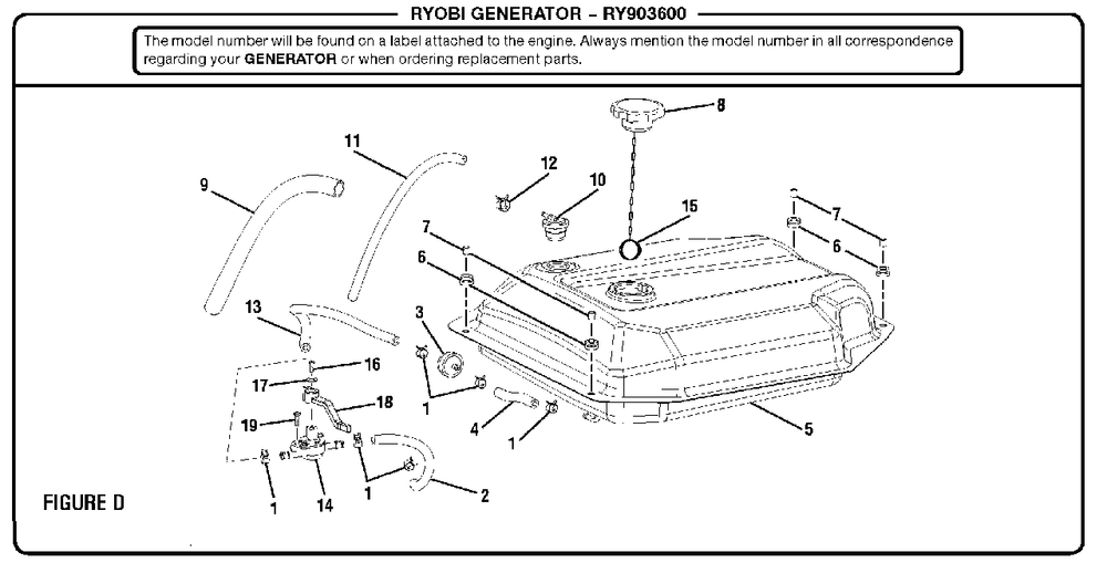 Figure D Diagram and Parts List for RY 903600 (Rev 11)(090930278)(2018-07) Ryobi Generator